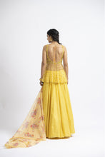 Load image into Gallery viewer, BRIGHT YELLOW NET PEPLUM WITH GEORGETTE MOKAISH LEHENGA AND PRINTED DUPATTA
