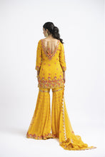 Load image into Gallery viewer, MUSTARD GEORGETTE GARARA SET WITH GEORGETTE DUPATTA
