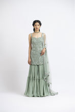 Load image into Gallery viewer, JADE GREEN TULLE SHIRT WITH LAYERED SHARARA
