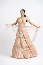 Load image into Gallery viewer, PEACH CRUSHED CHIGNON TIERED LEHENGA WITH NET CHOLI AND DUPATTA
