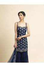 Load image into Gallery viewer, NAVY TULLE KURTA AND DUPATTA WITH GEORGETTE SHARARA
