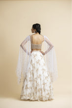 Load image into Gallery viewer, OFF WHITE EMBROIDERED LEHENGA WITH BUSTIER AND STYLISED DUPATTA
