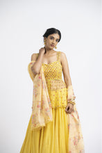 Load image into Gallery viewer, BRIGHT YELLOW NET PEPLUM WITH GEORGETTE MOKAISH LEHENGA AND PRINTED DUPATTA
