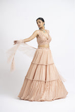 Load image into Gallery viewer, PEACH CRUSHED CHIGNON TIERED LEHENGA WITH NET CHOLI AND DUPATTA
