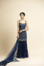 Load image into Gallery viewer, NAVY TULLE KURTA AND DUPATTA WITH GEORGETTE SHARARA
