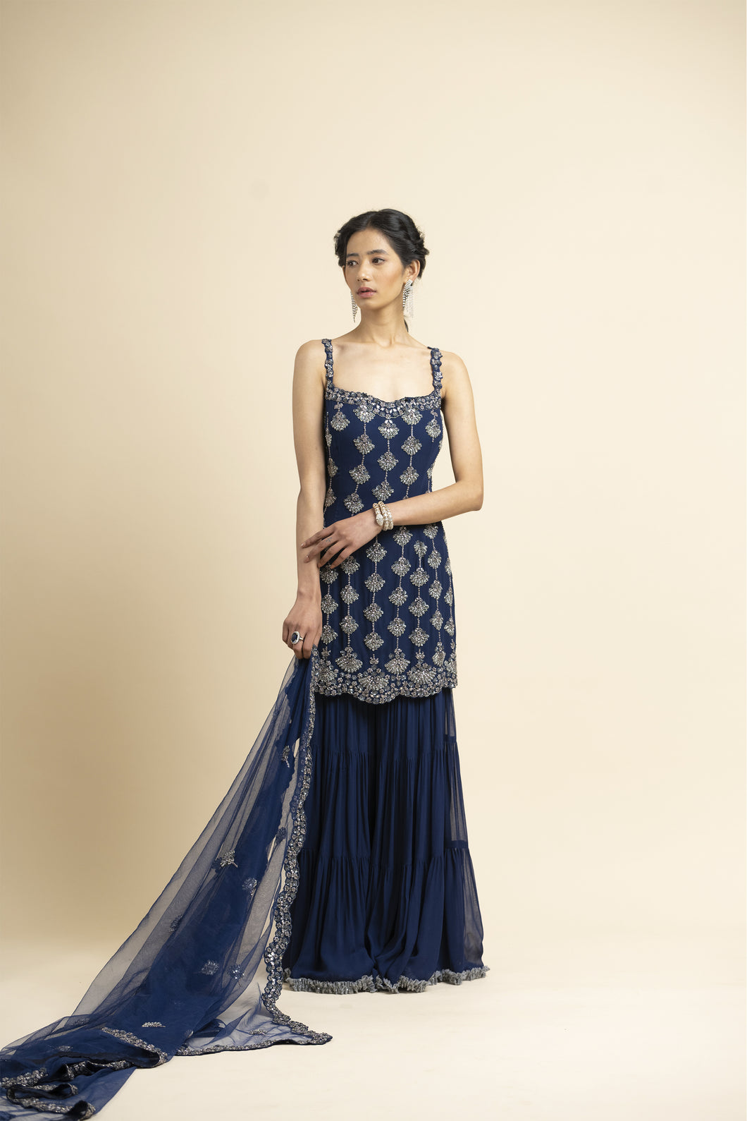 NAVY TULLE KURTA AND DUPATTA WITH GEORGETTE SHARARA