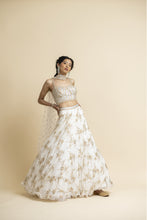 Load image into Gallery viewer, OFF WHITE EMBROIDERED LEHENGA WITH BUSTIER AND STYLISED DUPATTA
