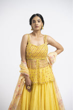 Load image into Gallery viewer, BRIGHT YELLOW NET PEPLUM WITH GEORGETTE MOKAISH LEHENGA AND PRINTED DUPATTA
