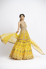 Load image into Gallery viewer, VIBRANT YELLOW PEPLUM LEHENGA SET WITH MULTICOLUR WORK
