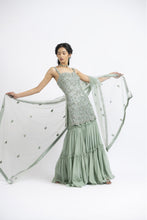 Load image into Gallery viewer, JADE GREEN TULLE SHIRT WITH LAYERED SHARARA
