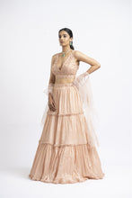 Load image into Gallery viewer, PEACH CRUSHED CHIGNON TIERED LEHENGA WITH NET CHOLI AND DUPATTA
