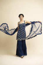 Load image into Gallery viewer, NAVY TULLE KURTA AND DUPATTA WITH GEORGETTE SHARARA

