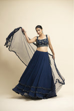 Load image into Gallery viewer, NAVY GEORGETTE LEHENGA WITH TULLE CHOLI AND DUPATTA
