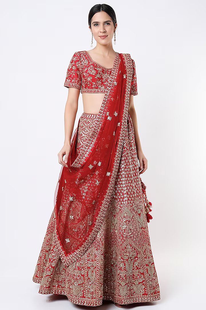 Red raw silk gota work lehenga