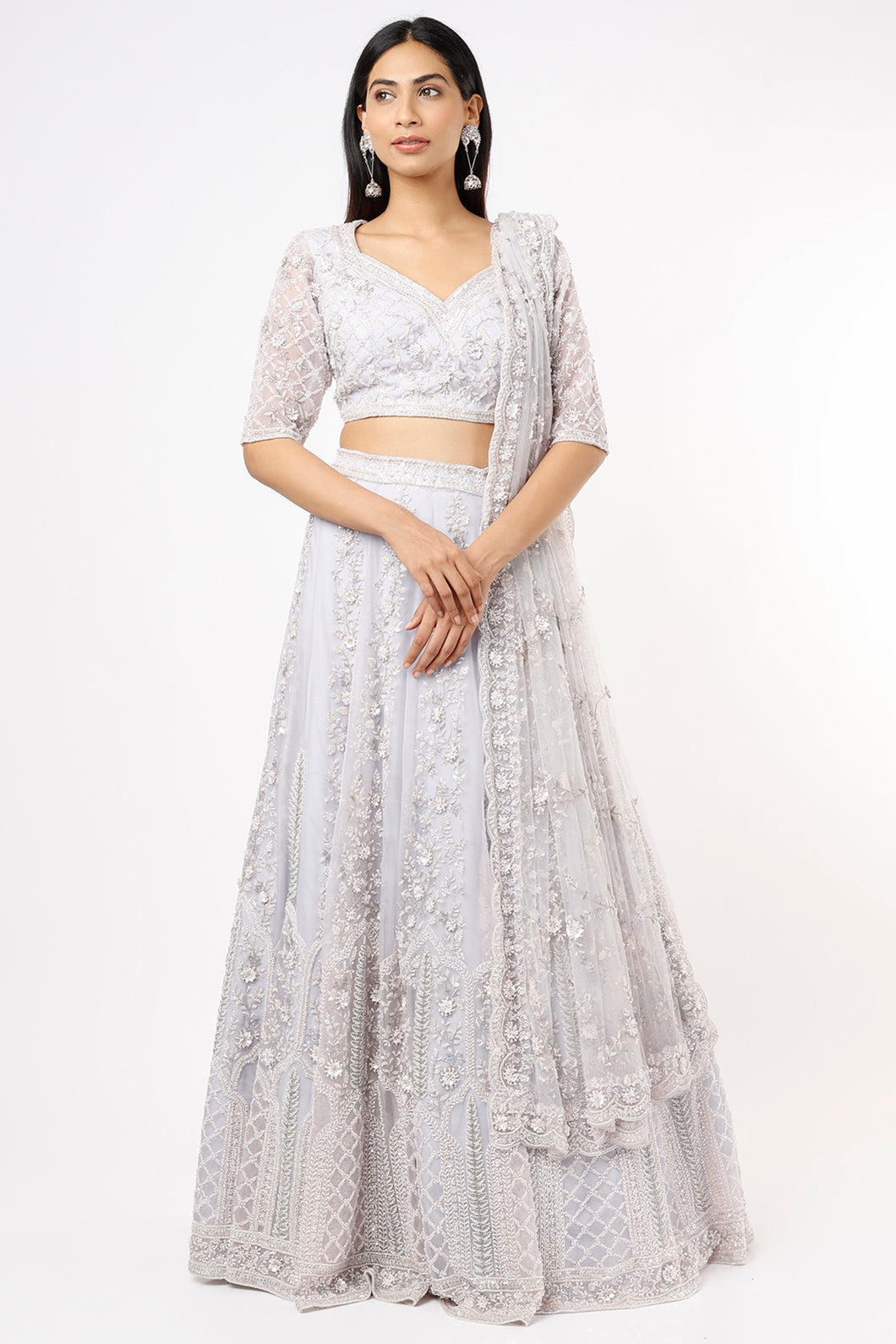 Ice blue organza self on self embroidered lehenga