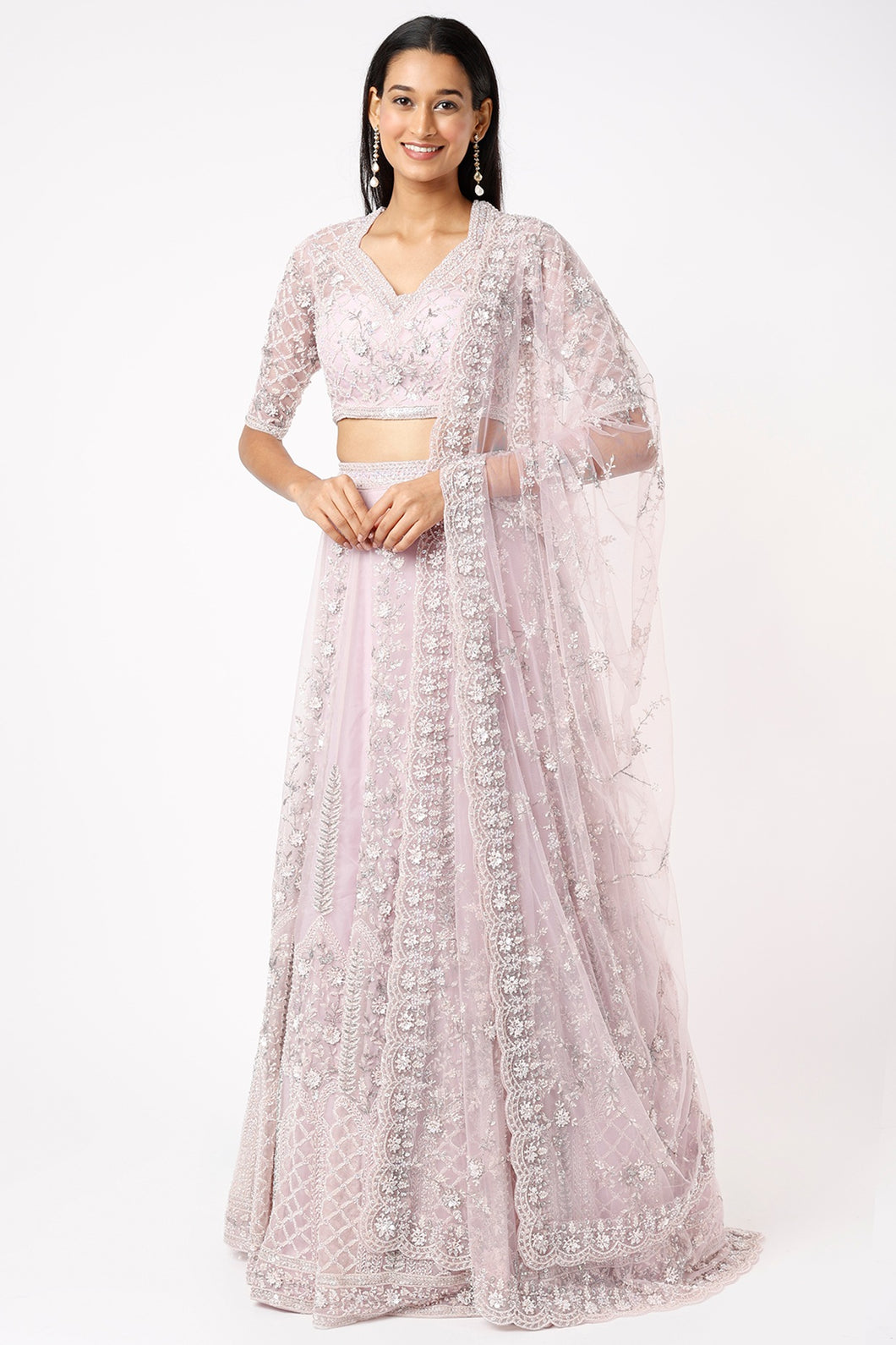 Pink organza cutdana, sequins embroidered lehenga