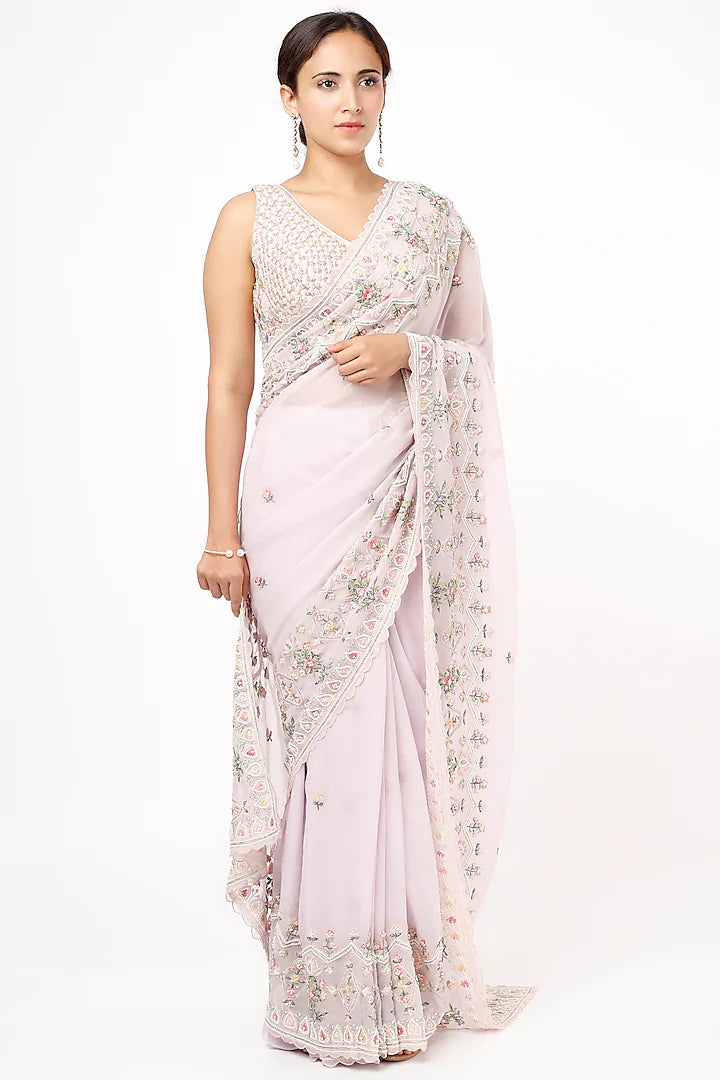 Mauve Organza Embroidered Saree Set