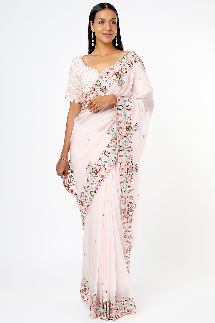 Blush Pink Embroidered Saree Set