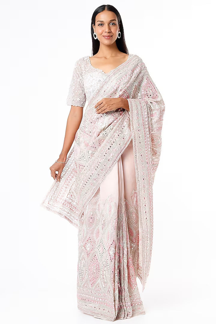 Blush Pink Hand Embellished Saree Set
