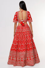Load image into Gallery viewer, Red raw silk intricate hand embroidered lehenga
