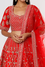 Load image into Gallery viewer, Red raw silk intricate hand embroidered lehenga
