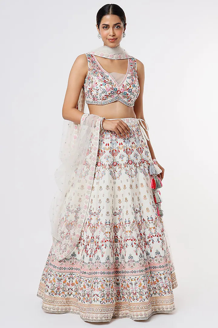 Ivory raw silk thread embroidered lehenga