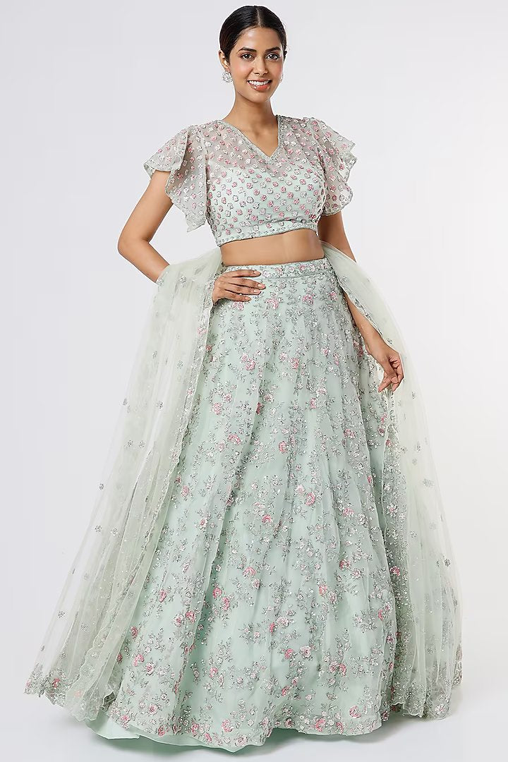 Aqua organza embroidered lehenga
