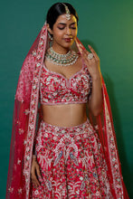 Load image into Gallery viewer, Red raw silk Thread embroidered lehenga
