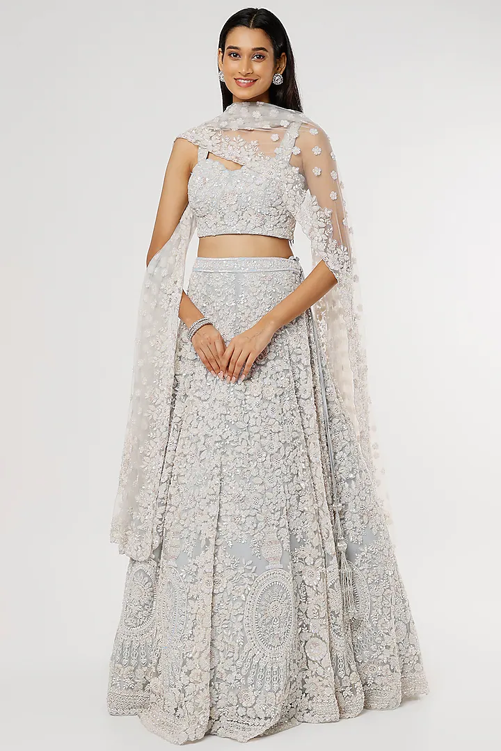 Ice blue organza self on self embroidered lehenga