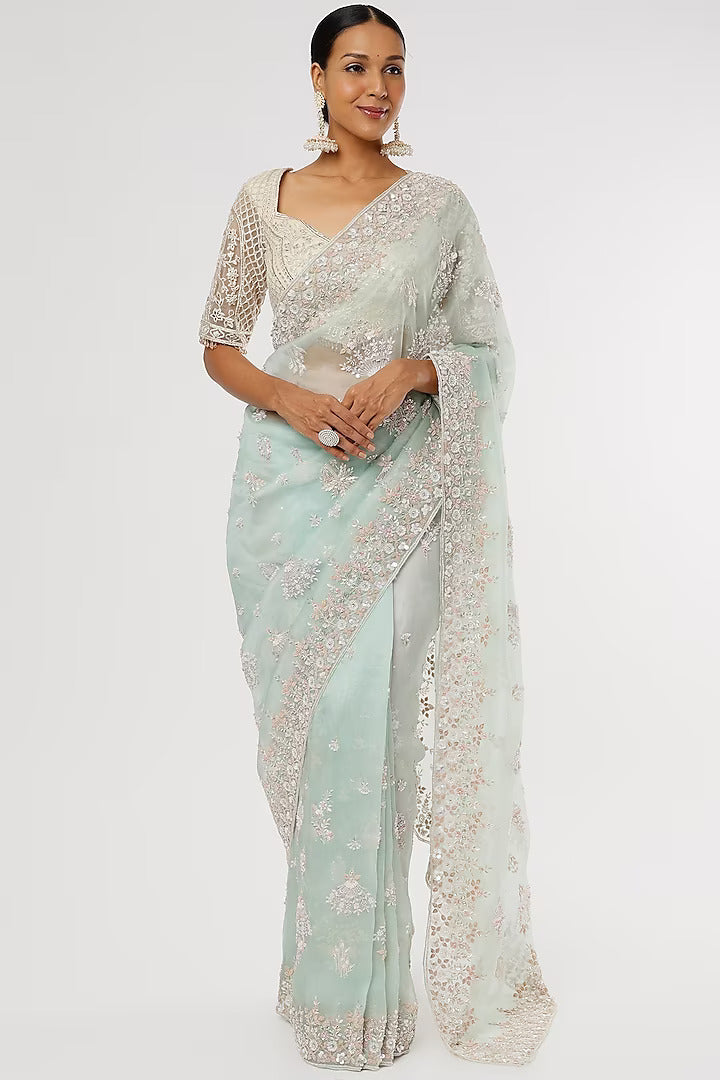 Mint Green Organza Embellished Saree Set