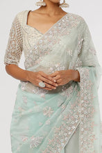 Load image into Gallery viewer, Mint Green Organza Embellished Saree Set
