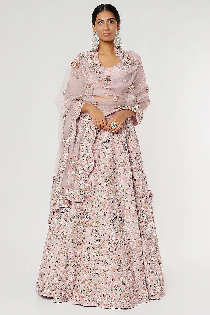 Pink raw silk embroidered lehenga