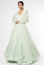 Load image into Gallery viewer, Mint net self on self embroidered lehenga
