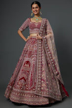 Load image into Gallery viewer, Maroon raw silk zardozi work lehenga
