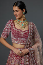 Load image into Gallery viewer, Maroon raw silk zardozi work lehenga
