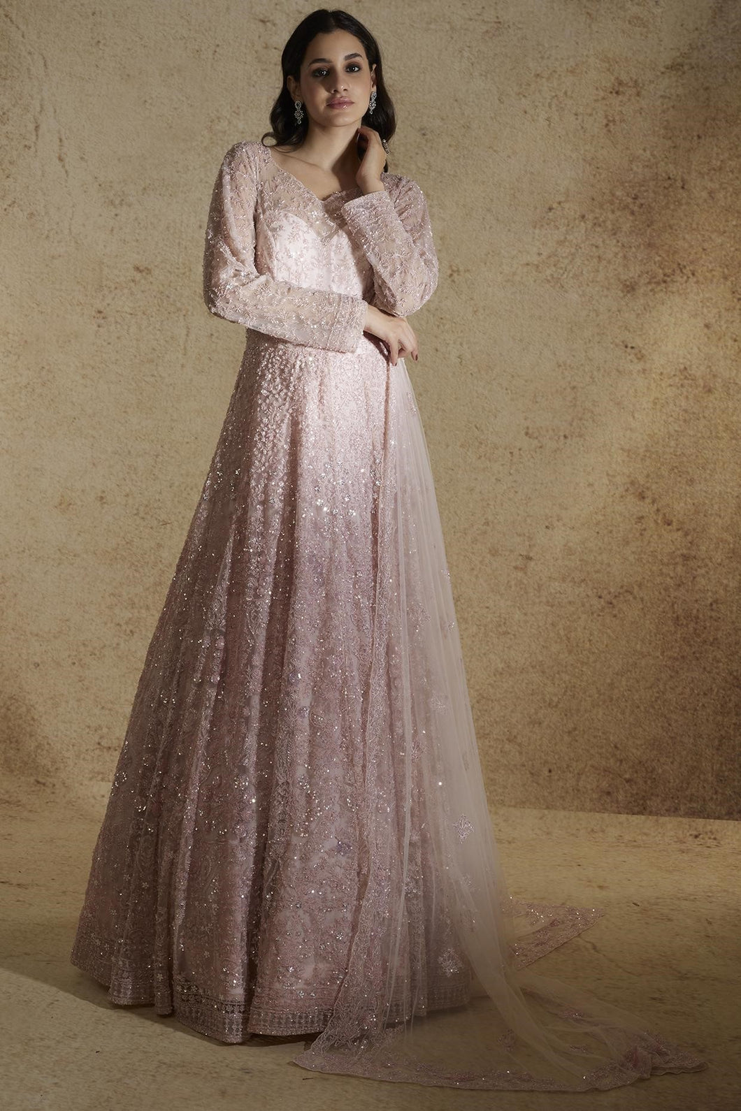 Pink net self on slef work gown