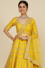 Load image into Gallery viewer, Mustard raw silk sequins and thread embroidered lehenga
