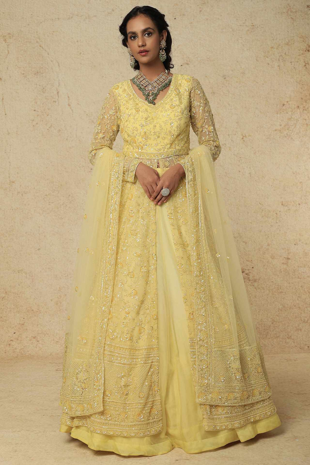 Lemon net self on self embroidered lehenga