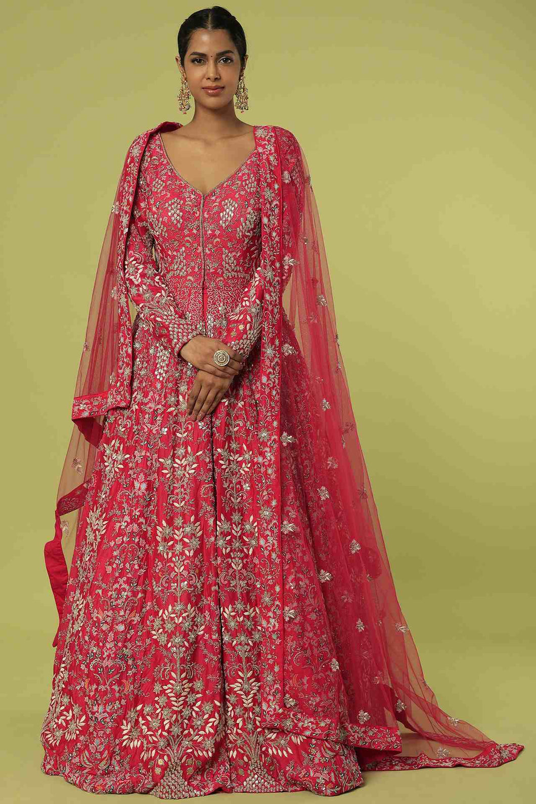 Red raw silk heavily embroidered jacket lehenga