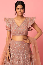 Load image into Gallery viewer, Dusty peach organza thread and seuins embroidered lehenga
