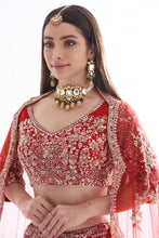 Load image into Gallery viewer, Red raw silk hand embroidered lehenga
