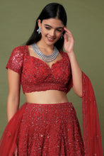 Load image into Gallery viewer, Red net with self on slef work lehenga
