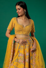 Load image into Gallery viewer, Mustard raw silk thread and zari embroidered lehenga
