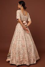 Load image into Gallery viewer, Peach raw silk lace and resham embroidered lehenga
