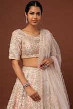 Load image into Gallery viewer, Peach raw silk lace and resham embroidered lehenga
