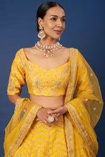 Load image into Gallery viewer, Mustard raw silk sequins and thread embroidered lehenga
