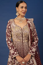 Load image into Gallery viewer, Wine raw silk zardosi embroidered lehenga
