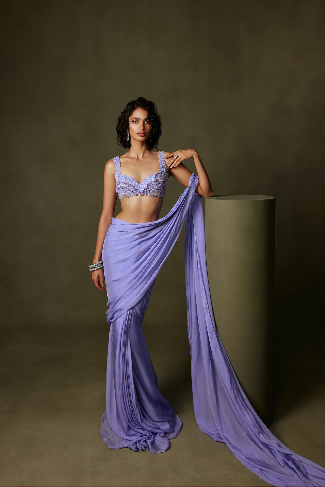 Purple Pre Pleated Saree with Pearl Embroidered Blouse