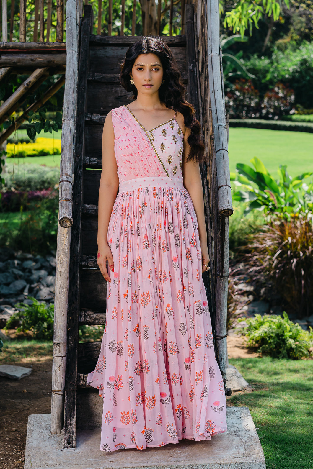 Blush Pink Floral Printed Embroidered Gown