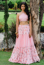 Load image into Gallery viewer, Blush Pink Floral Printed Embroidered Crop-Top &amp; Flared Skirt Set
